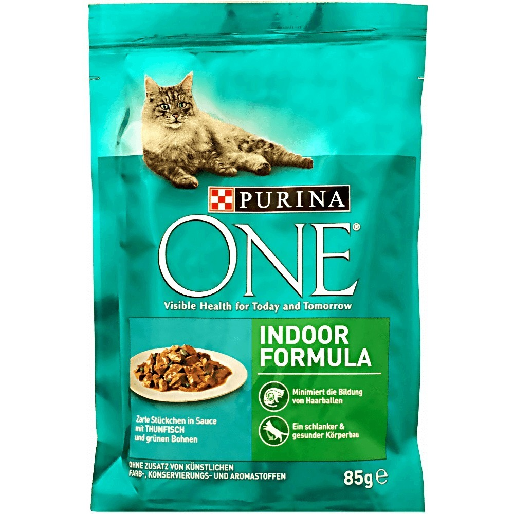 Hrana umeda pentru pisici Purina One Indoor, cu ton si fasole verde, mini fileuri in sos, 85 g