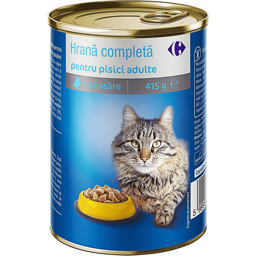 Hrana pentru pisici adulte cu pasare, conserva, Carrefour 415g