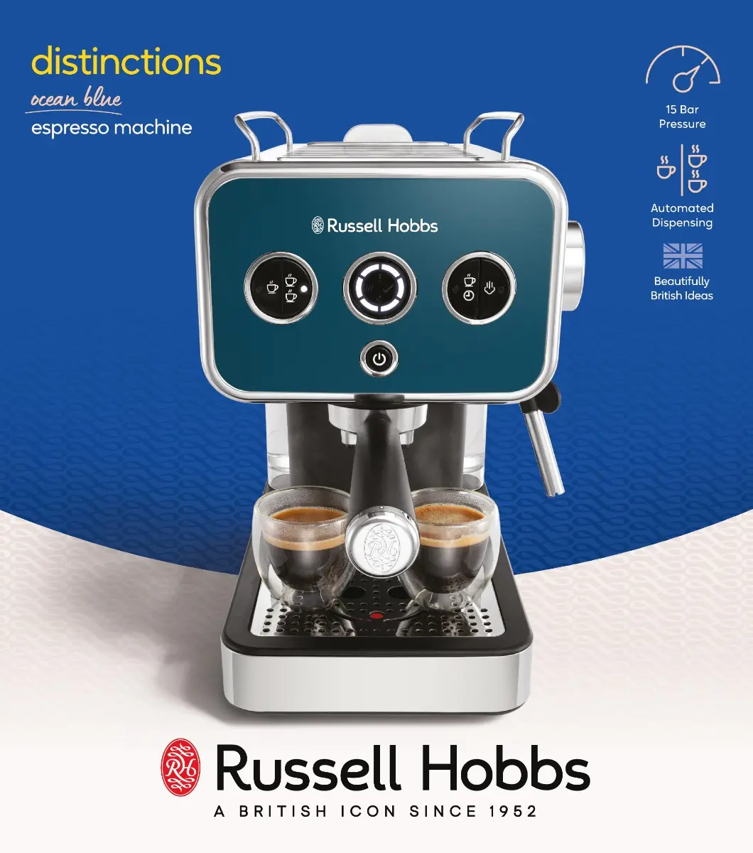 Espressor Russell Hobbs Distinctions Ocean Blue 26451-56, 15 bari, incalzitor Thermoblock, automat/manual, Inox/ Albastru