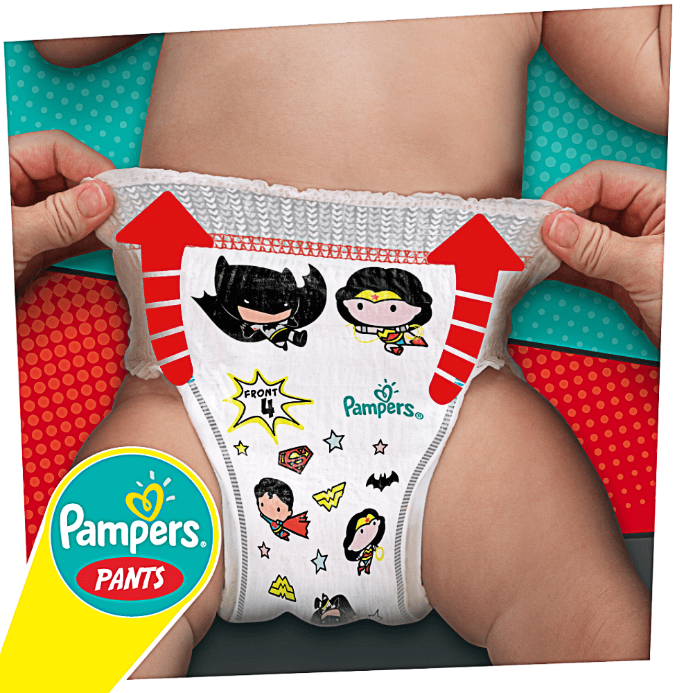 Scutece chilotel Pampers Pants cu supereroii DC – Editie speciala, Marimea 5, 12-17 kg, 66 buc