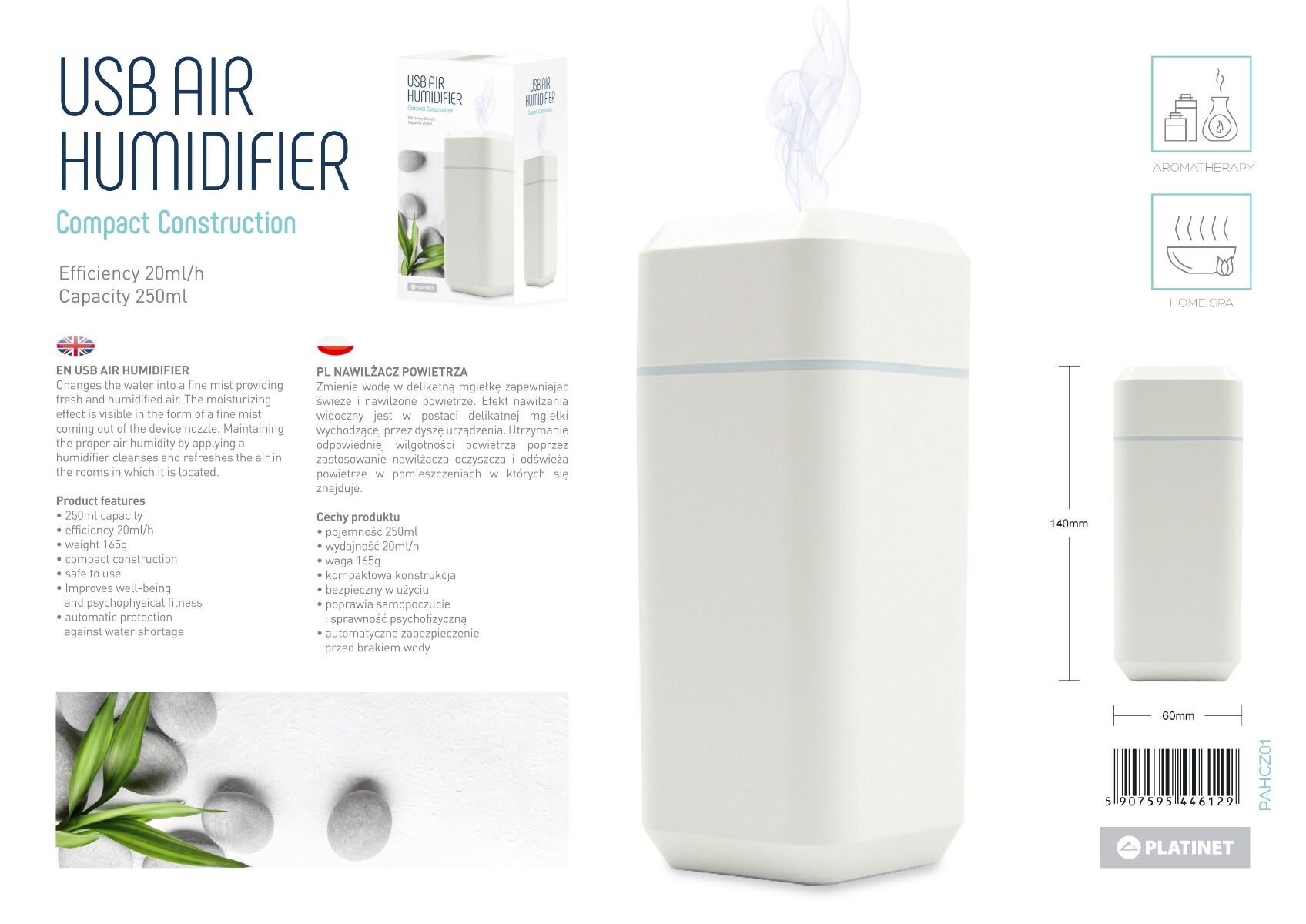 Lampa Umidificator/Aroma CZ01 Platinet, 250ml, consum 20ml/h, Protectie la apa, Alb