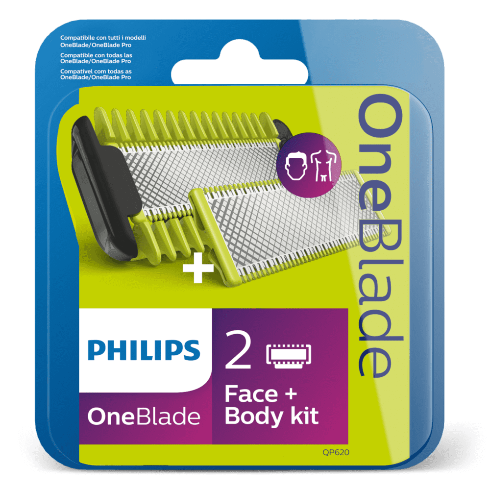 Kit Face & Body OneBlade QP620/50 Philips, compatibil OneBlade QP25/26 si OneBladePro QP65/66, Pieptene, 2 lame, Verde