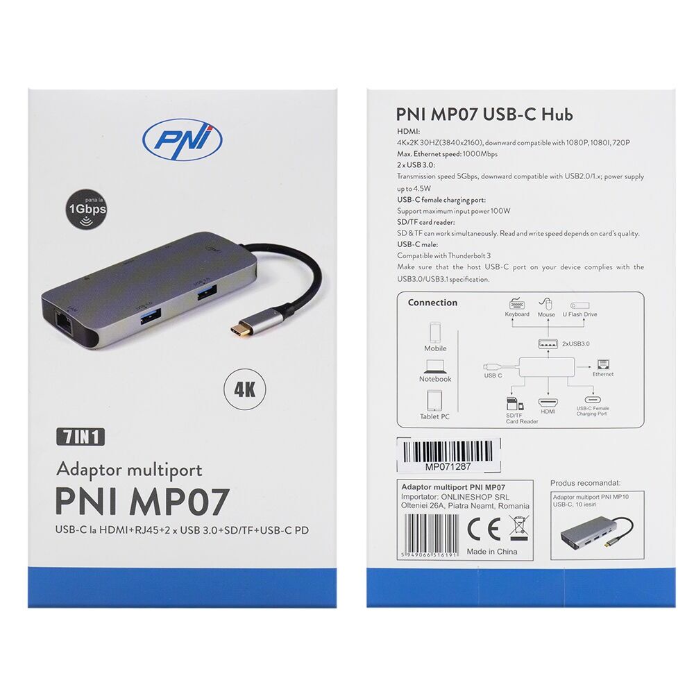 Adaptor multiport PNI MP07 USB-C la HDMI, 2 x USB 3.0, RJ45, SD/TF, USB-C PD, 7 iesiri