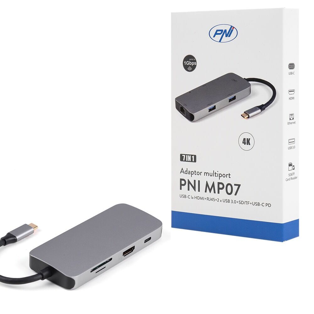 Adaptor multiport PNI MP07 USB-C la HDMI, 2 x USB 3.0, RJ45, SD/TF, USB-C PD, 7 iesiri