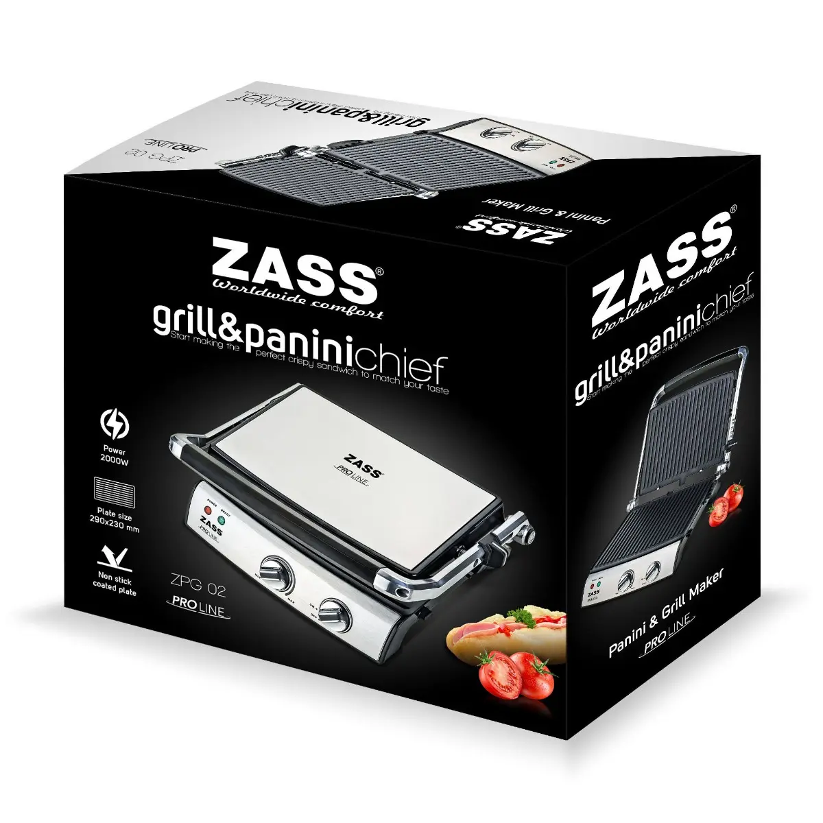 Gratar electric Zass Grill & Panini Chef ZPG 02, 2000 W, Inox / Negru