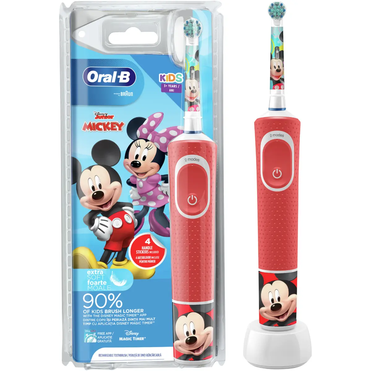 Periuta de dinti electrica Oral-B D100 Vitality Mickey pentru copii, Curatare 2D, 2 programe, 1 capat, 4 stickere incluse, Rosu