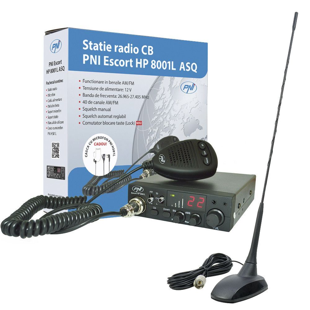 Kit Statie radio Escort HP 8001L ASQ PNI + Antena Extra 48 cu magnet PNI