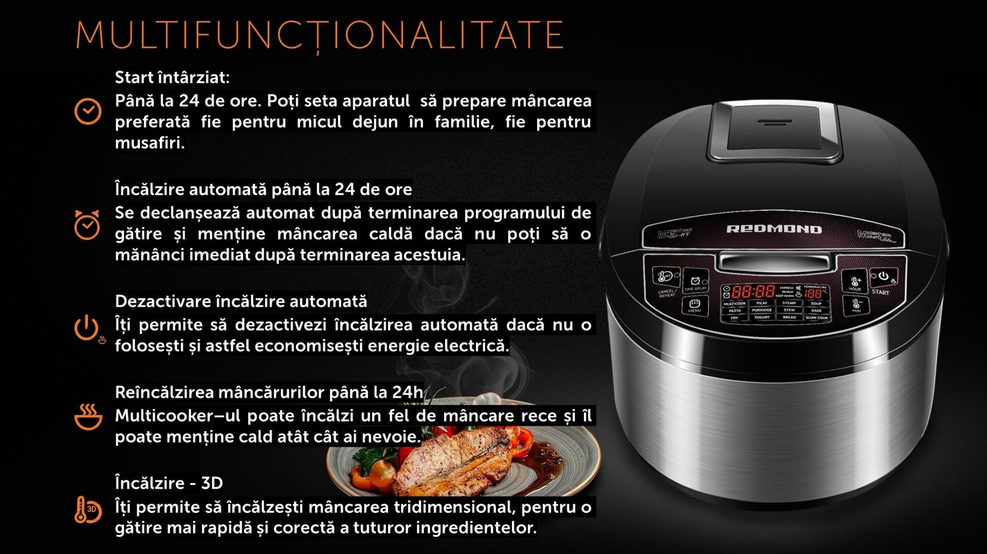 Multicooker Redmond RMK-M451E, 5 Litri, 40 programe, 1000 W, Negru/Inox