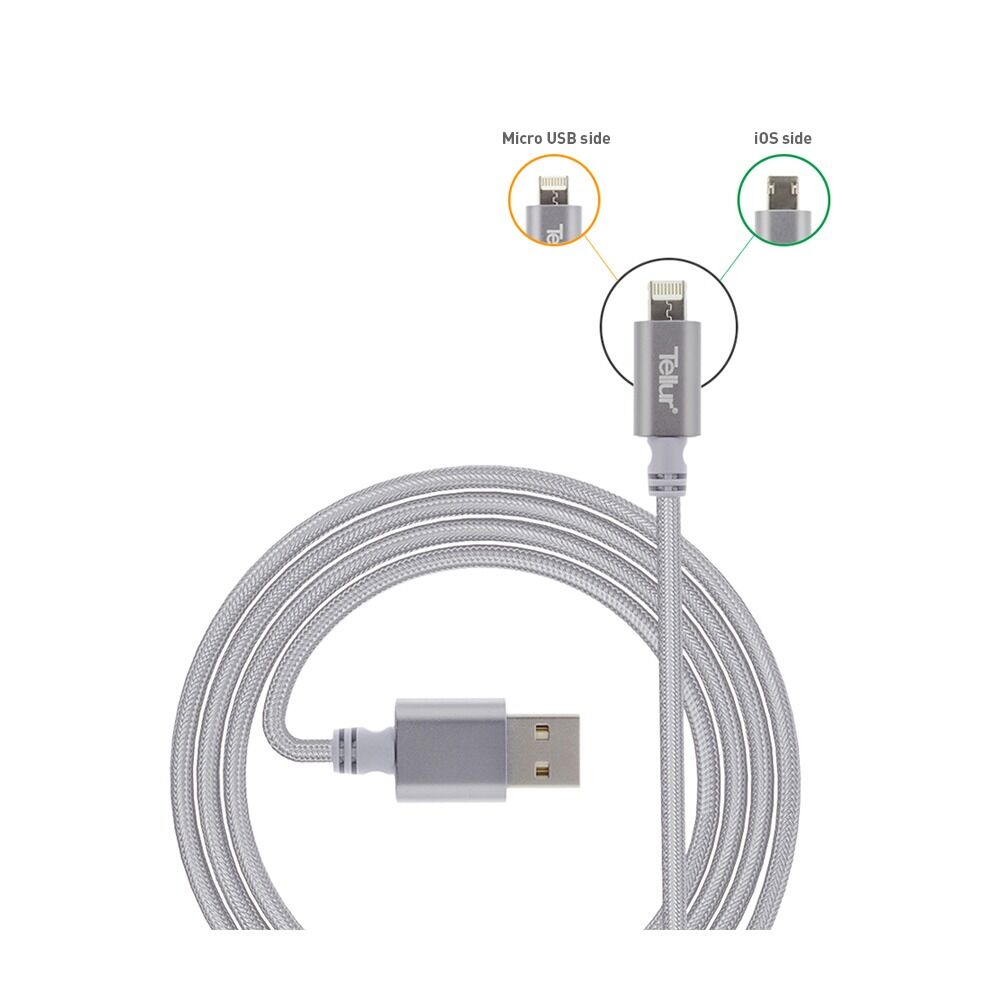 Cablu USB 2 in 1 Tellur, Lighting si MicroUSB, Nylon, 1 Metru, Argintiu