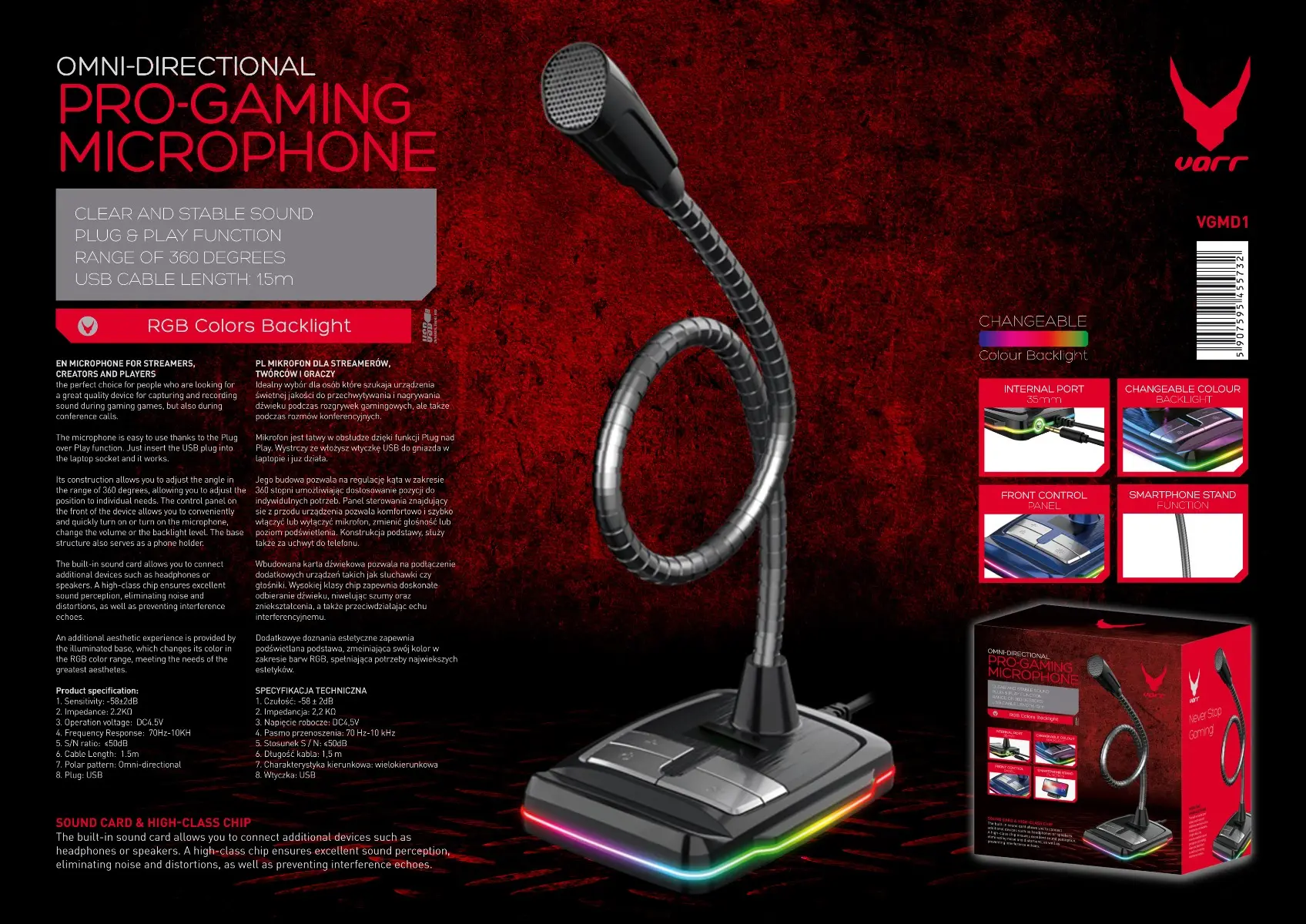Microfon Gaming Varr VGMD2, USB, 0.25 Kg, RGB