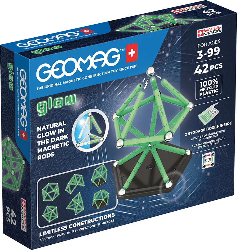 Set constructie Geomag Glow, plastic reciclat, 42 piese, Multicolor