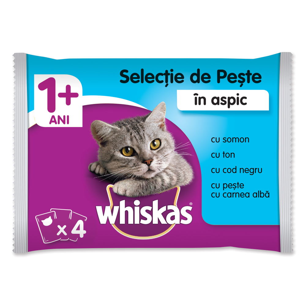 Hrana umeda completa pentru pisici adulte cu selectie de peste in aspic Whiskas 4x100g