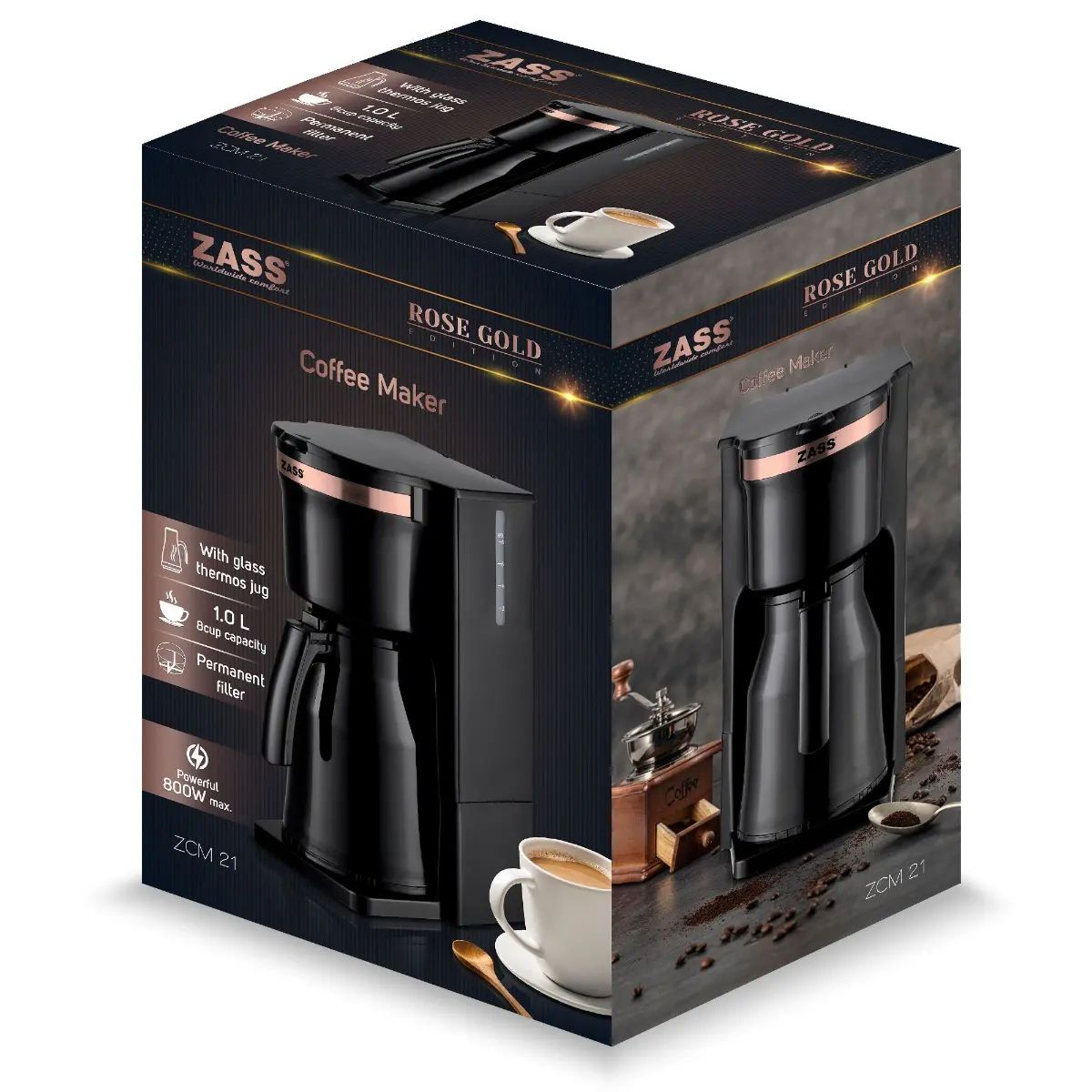Cafetiera Zass ZCM 21, 1 litru, 800 W, Negru / Auriu
