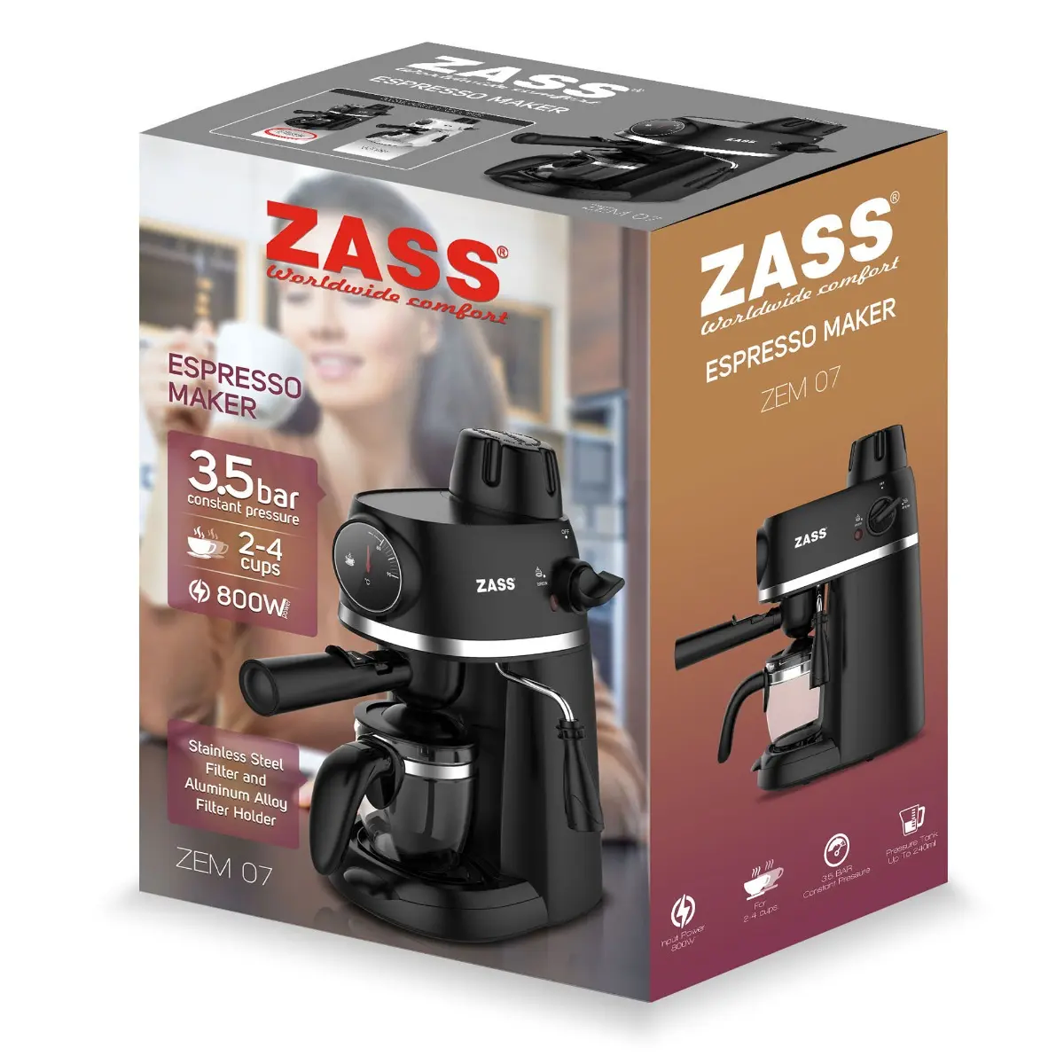 Espressor cafea Zass ZEM 07, 3.5 bar, 0.24 litri, 800 W, Negru