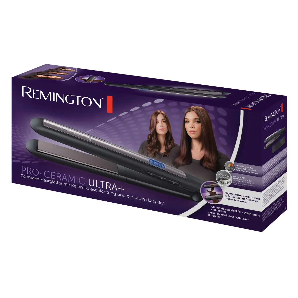 Placa de indreptat si ondulat parul Remington Pro-Ceramic Ultra+ S7750, Invelis ceramic Ultra, Ecran LCD, 230 C, Negru/Mov