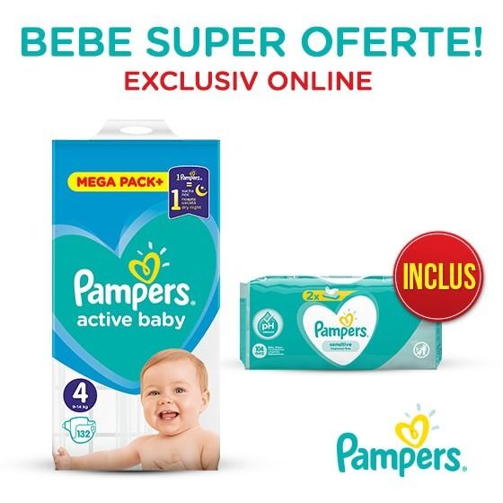 Pachet promo Pampers Scutece Active Baby Mega Box, Marimea 4, 9 -14 kg, 132 buc + Servetele umede Sensitive 2 x 52, 104 buc
