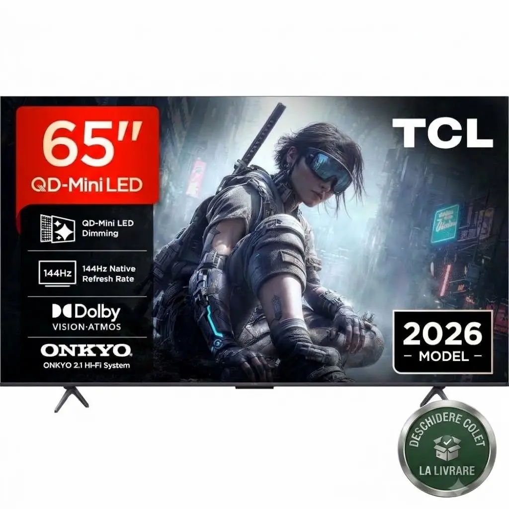 Televizor Smart TCL QD-MiniLED 65T8D, 164 cm, Google TV, 4K Ultra HD, 144 Hz, Sunet Onkyo 2.1, Clasa E