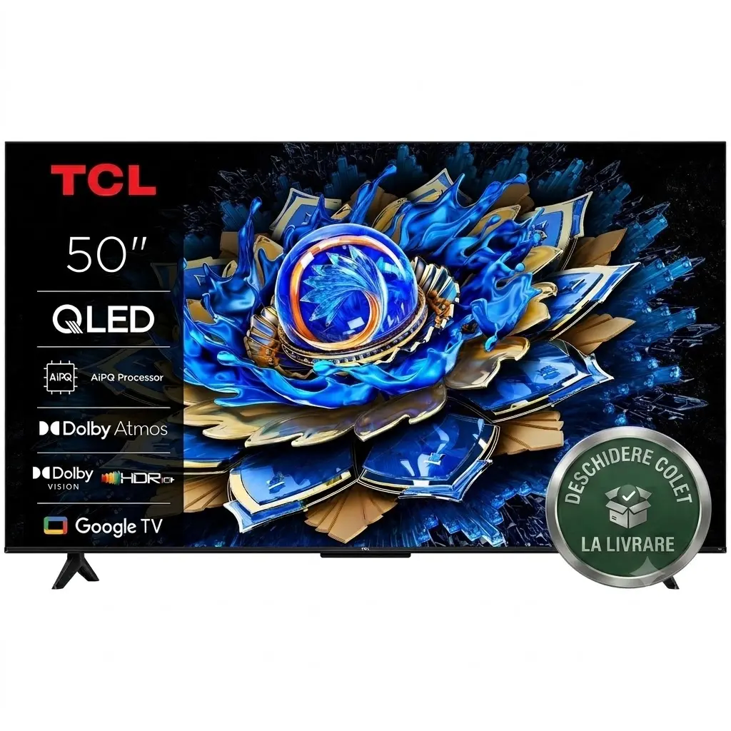 Televizor Smart QLED TCL 50T69C, 126 cm, Google TV, 4K Ultra HD, Clasa F, Negru