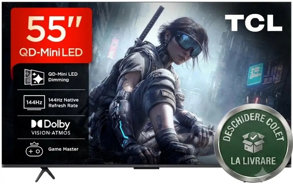 Televizor Smart TCL QD-MiniLED 55T8D, 139 cm, QLED, Google TV, 4K Ultra HD, 144 Hz, Clasa F