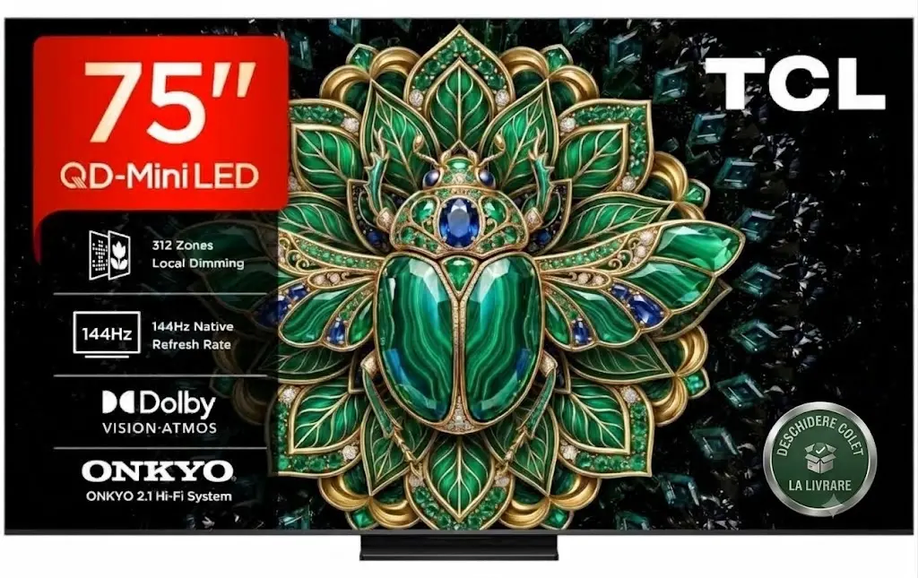 Televizor Smart TCL QD-MiniLED 75MQLED75L, 189 cm, Google TV, 4K Ultra HD, 144 Hz, Sunet Onkyo 2.1, Clasa E