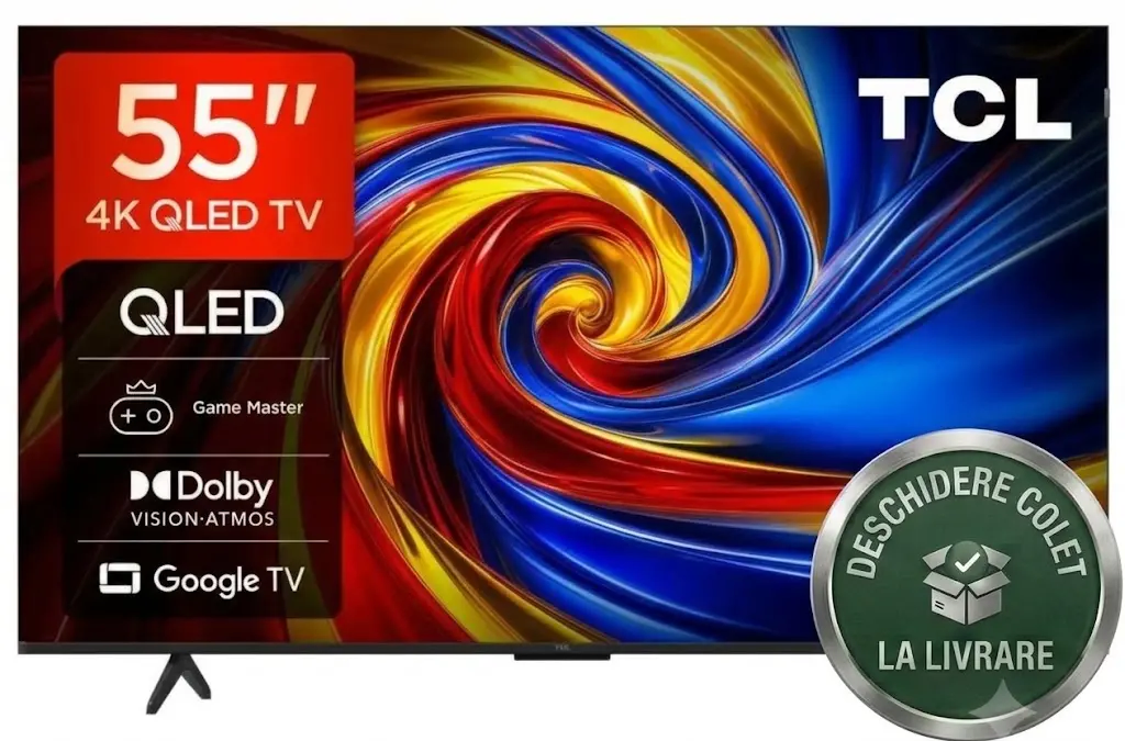 Televizor Smart QLED TCL 55QLED780L, 139 cm, Google TV, 4K Ultra HD, Clasa F