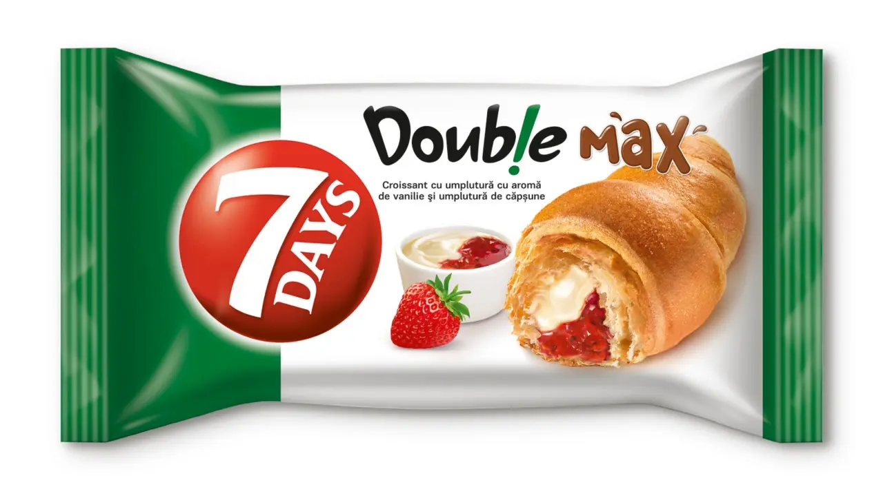 Croissant 7 Days Double Max cu crema de vanilie si capsuni 80 g