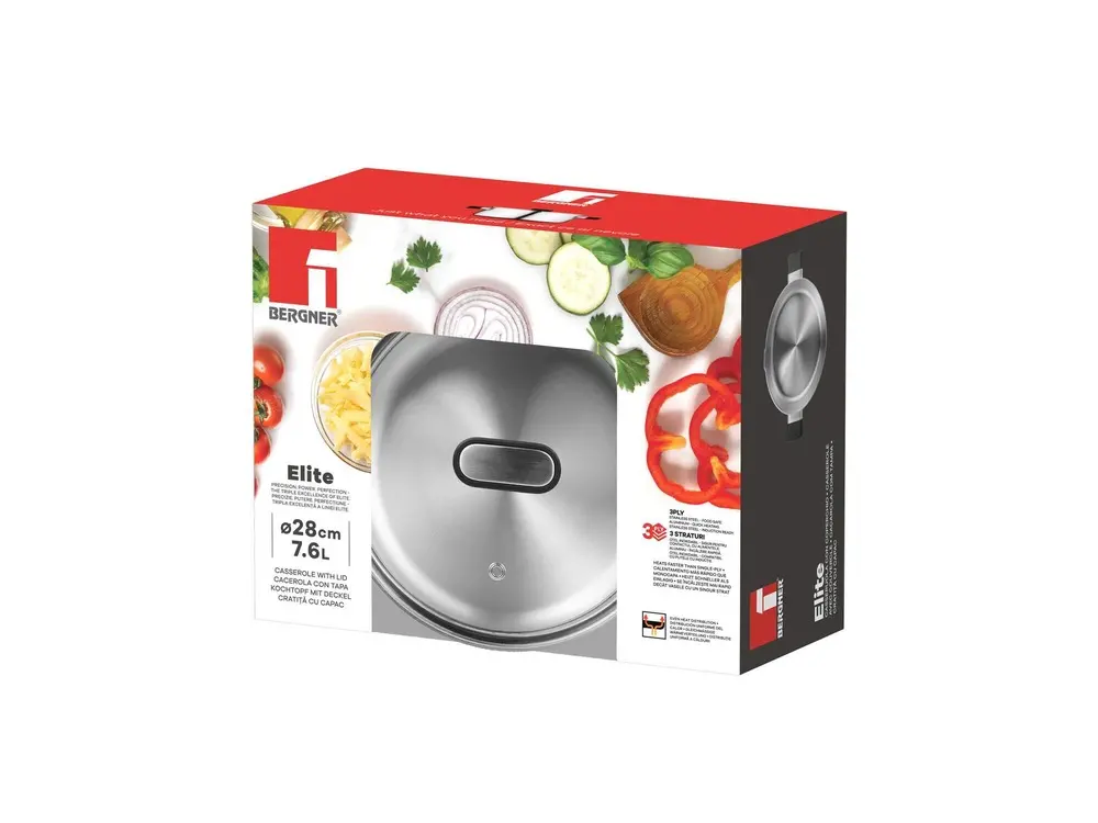 Cratita cu capac Bergner Elite, inox/sticla, 28 cm, 7.6 L, Argintiu