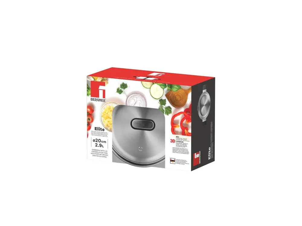 Cratita cu capac Bergner Elite, inox/sticla, 20 cm, 2.9 L, Argintiu