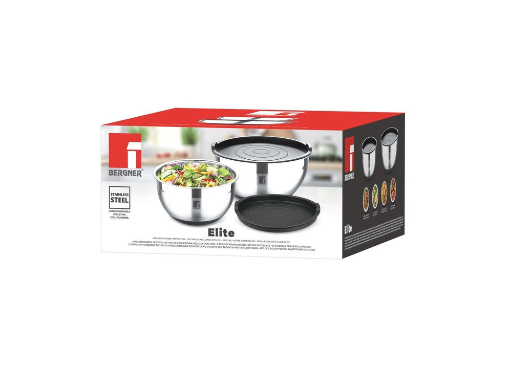 Set 2 boluri pentru amestecare Bergner Elite, cu capac, inox, 20CM/2.7L si 24CM/4L, Argintiu/Negru