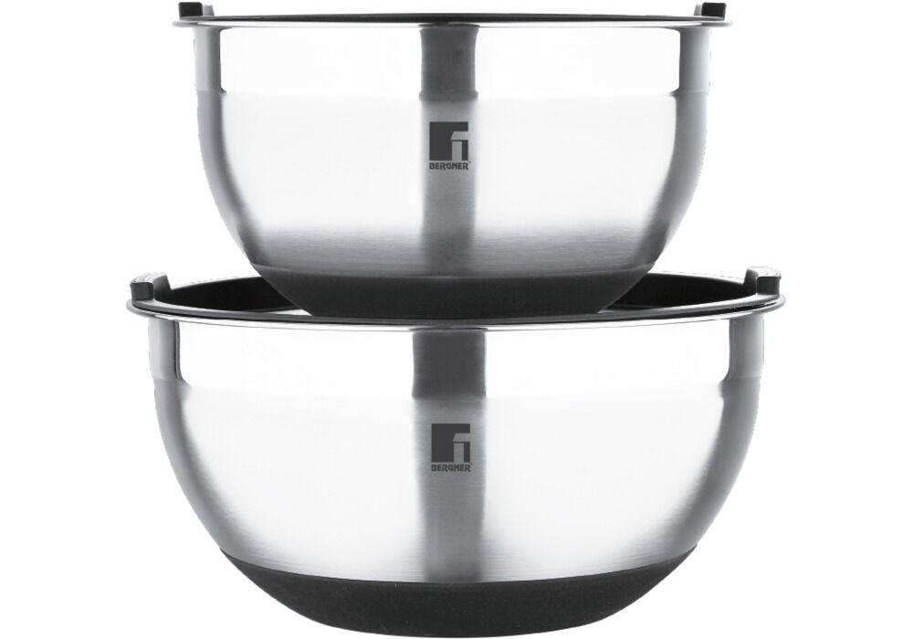 Set 2 boluri pentru amestecare Bergner Elite, cu capac, inox, 20CM/2.7L si 24CM/4L, Argintiu/Negru