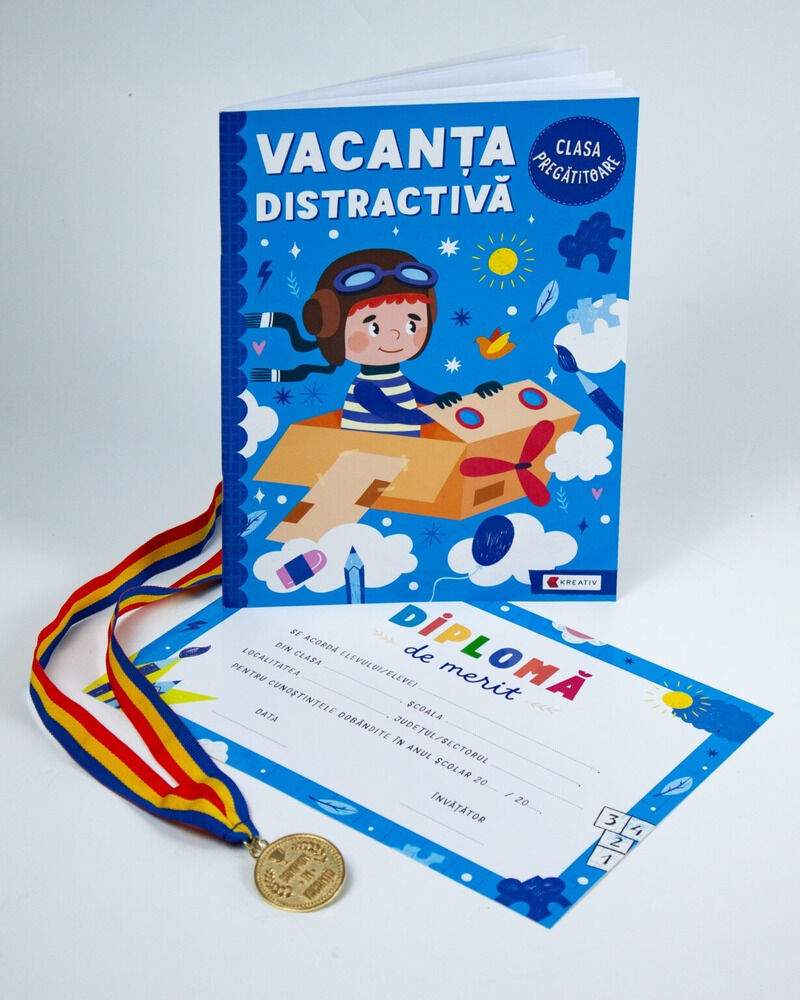 Pachet Caiet de vacanta Clasa pregatitoare + Diploma de merit + Medalie CADOU - Kreativ