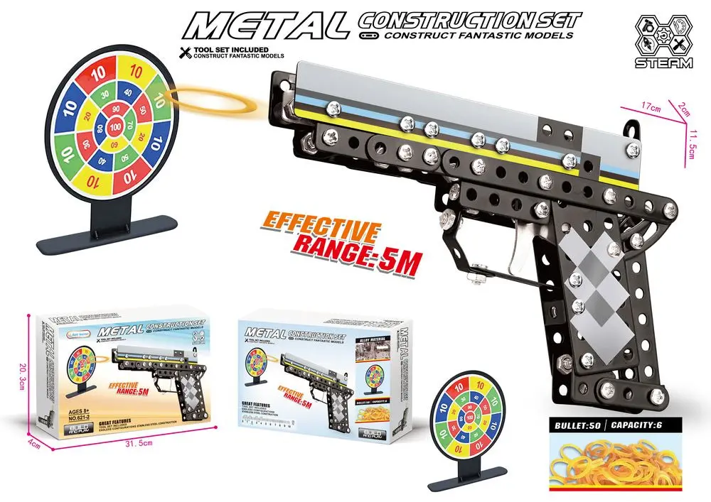 Set asamblare pistol, 204 piese metalice, Multicolor