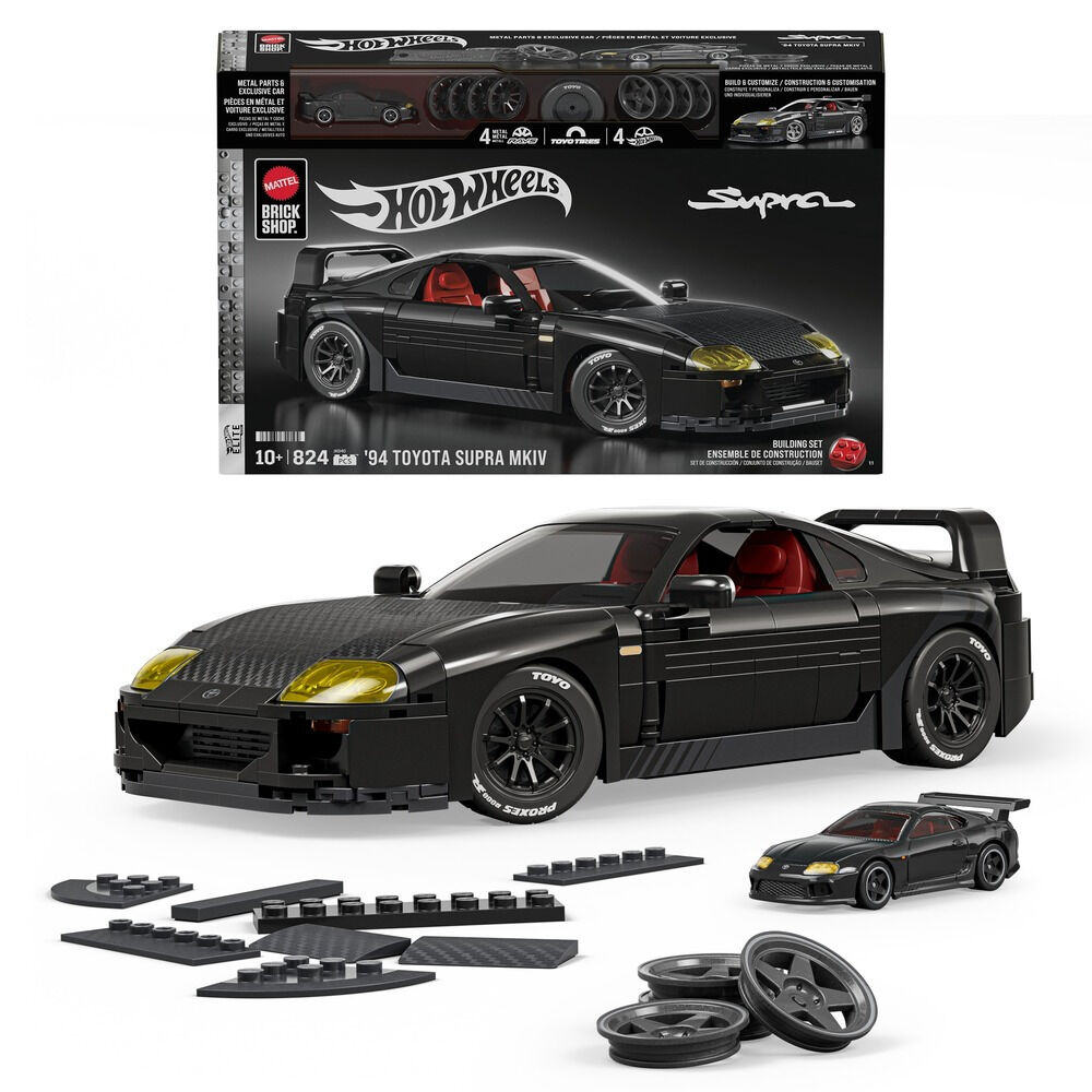 Set constructie Mattel Hot Wheels Brick Shop '94 Toyota Supra Mkiv JKG40, 824 piese