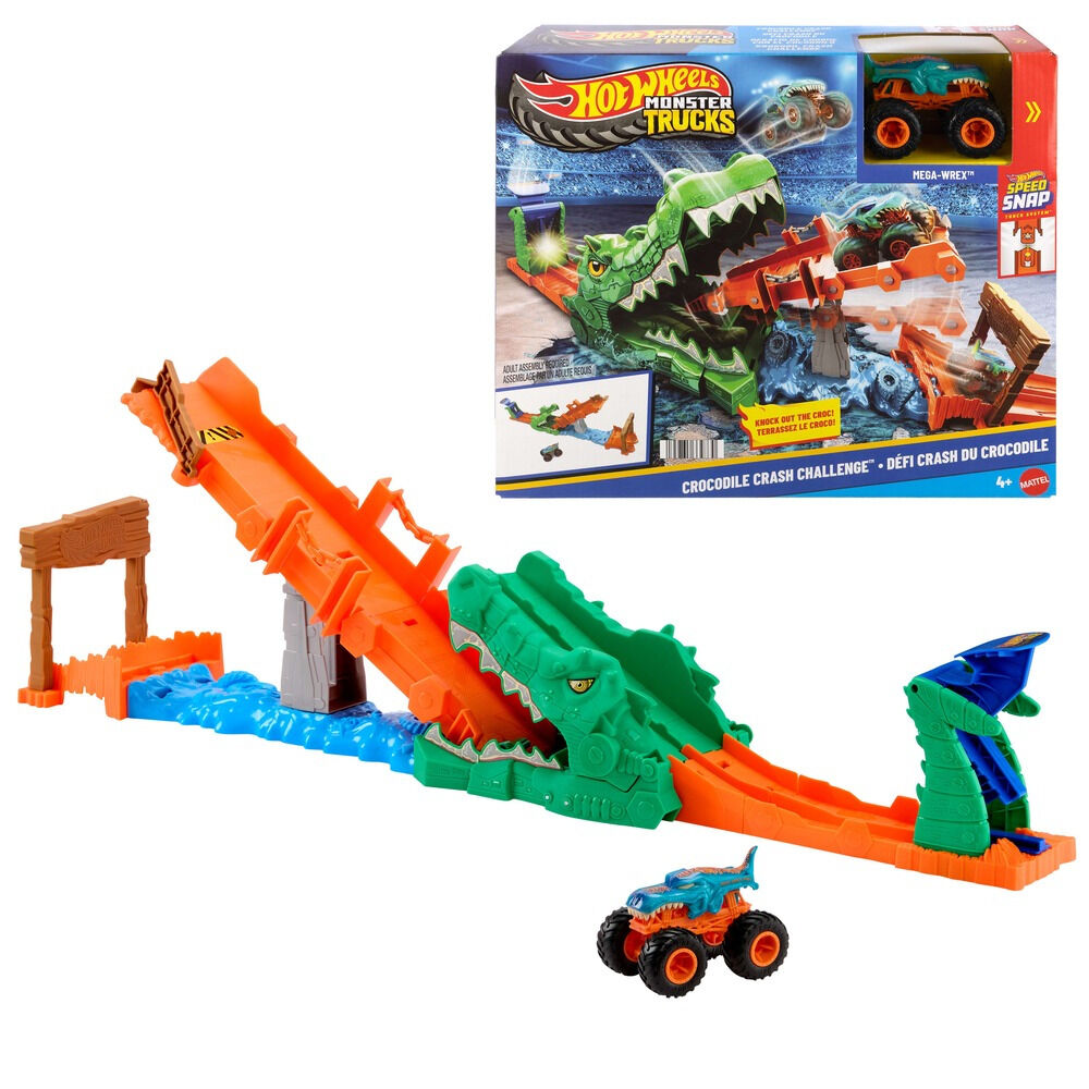 Set cu masinuta Hot Wheels Monster Trucks Crocodile Crash Challenge Mega-Wrex JJN45, 1:64, Multicolor