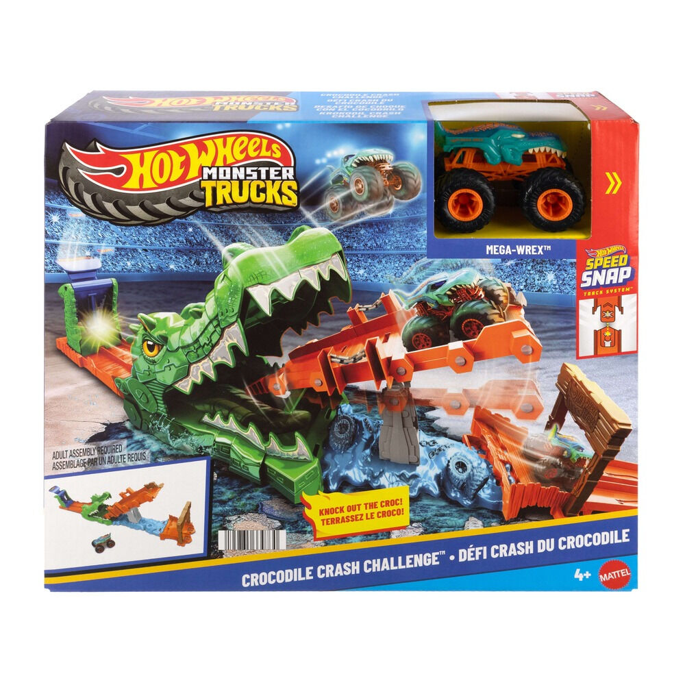 Set cu masinuta Hot Wheels Monster Trucks Crocodile Crash Challenge Mega-Wrex JJN45, 1:64, Multicolor