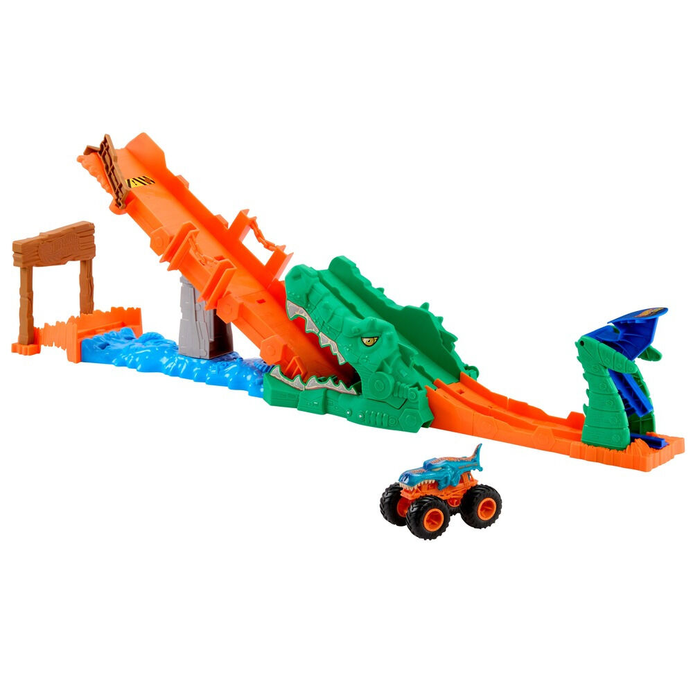 Set cu masinuta Hot Wheels Monster Trucks Crocodile Crash Challenge Mega-Wrex JJN45, 1:64, Multicolor