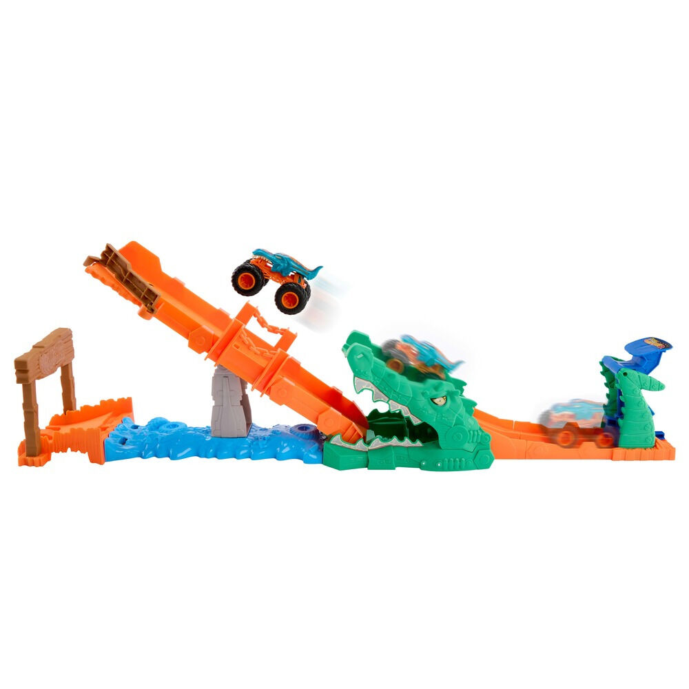 Set cu masinuta Hot Wheels Monster Trucks Crocodile Crash Challenge Mega-Wrex JJN45, 1:64, Multicolor