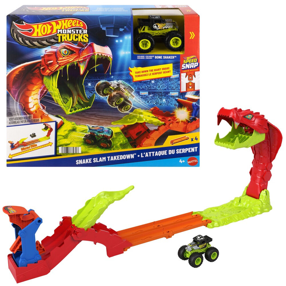 Set cu masinuta Hot Wheels Monster Trucks Snake Slam Takedown JJN44, 1:64, Multicolor