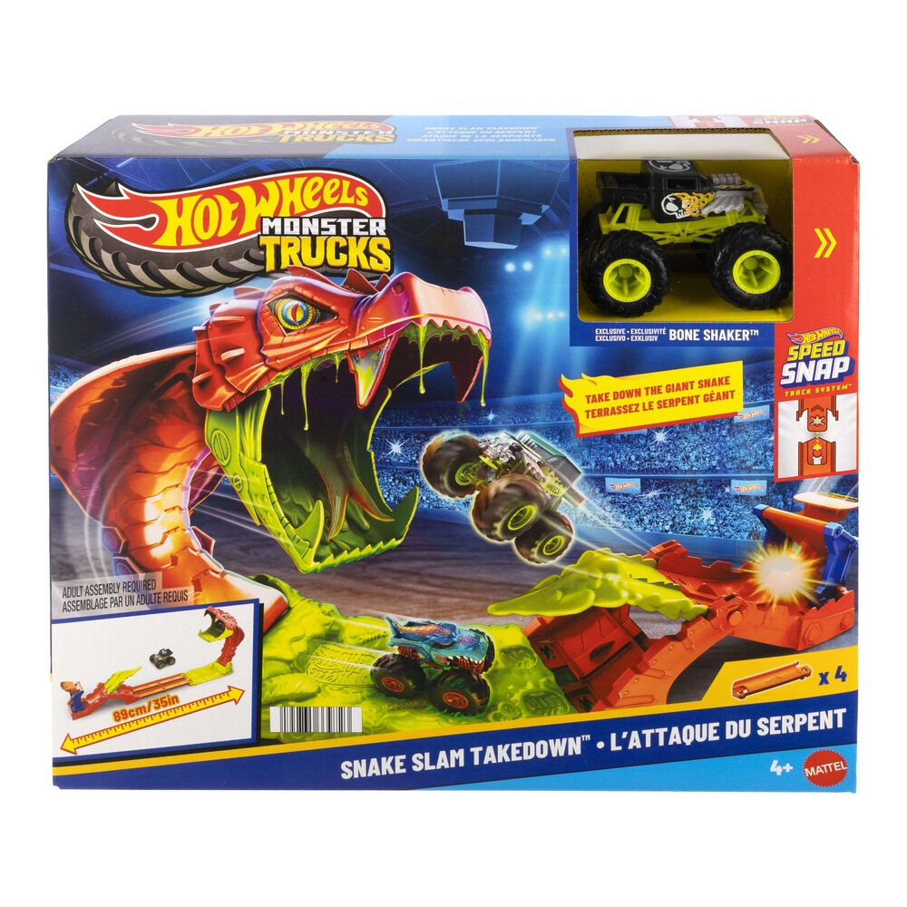 Set cu masinuta Hot Wheels Monster Trucks Snake Slam Takedown JJN44, 1:64, Multicolor