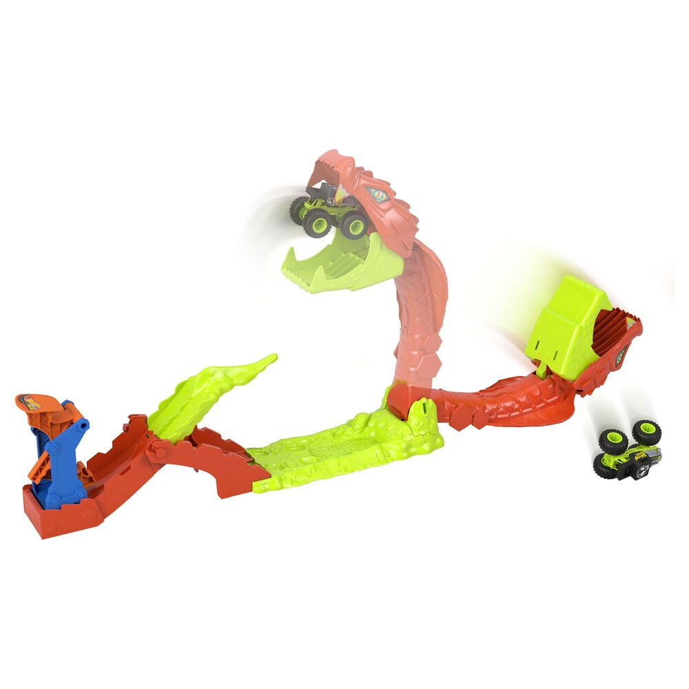Set cu masinuta Hot Wheels Monster Trucks Snake Slam Takedown JJN44, 1:64, Multicolor