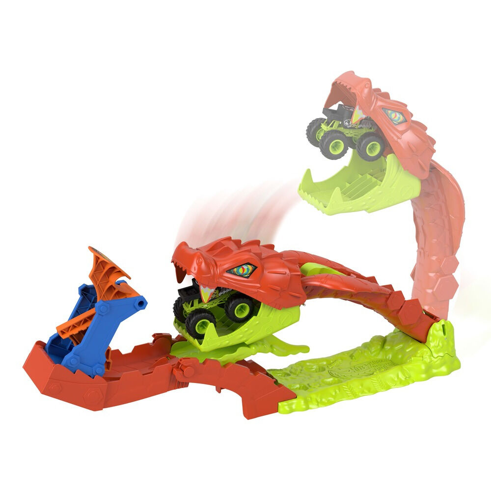 Set cu masinuta Hot Wheels Monster Trucks Snake Slam Takedown JJN44, 1:64, Multicolor