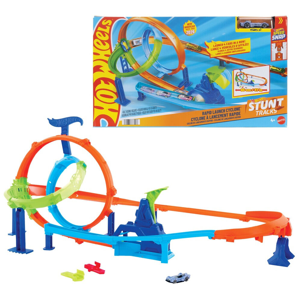 Set piste si masinuta Hot Wheels Stunt Tracks Rapid Launch Cyclone JHK73, Multicolor