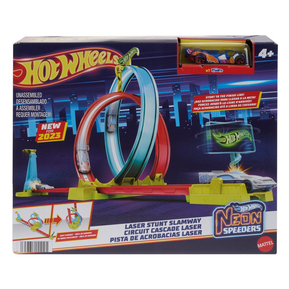 Set piste si masinuta Hot Wheels Neon Speeders Laser Stunt Slamway HPC05, Multicolor