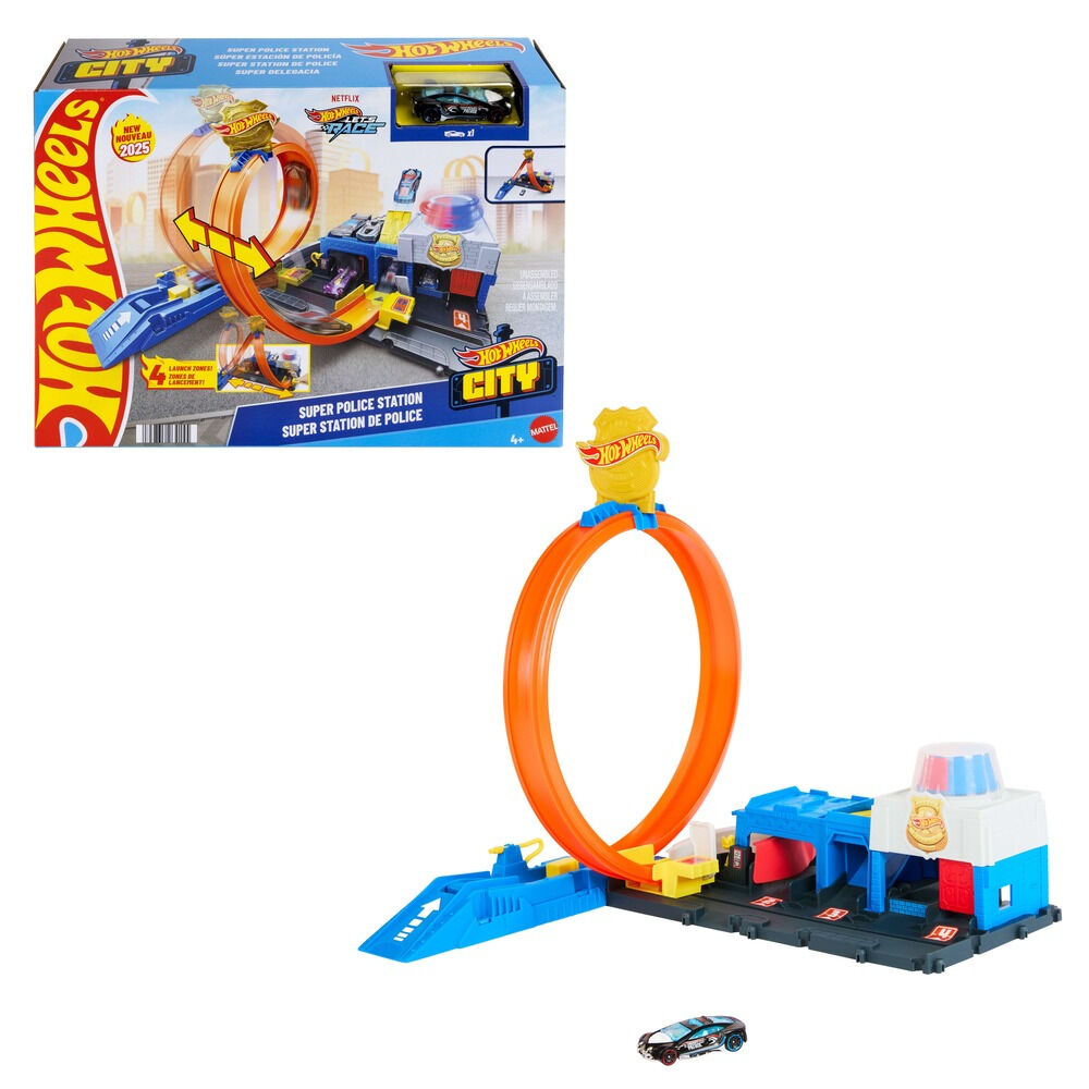 Set de joaca Hot Wheels Sectia de politie JBM71, masinuta inclusa, Multicolor