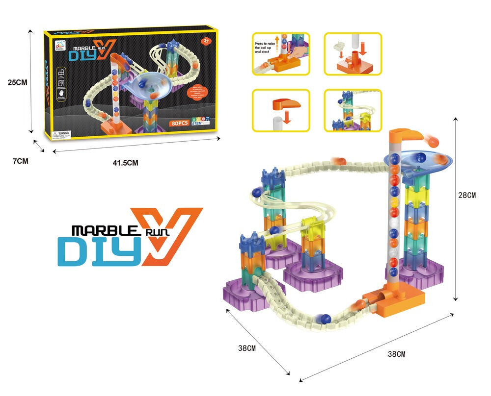 Circuit cu bile si piste de constructie, 80 piese, Multicolor