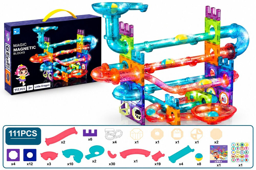 Set constructie magnetic cu pista pentru bile si lumini LED, 111 piese, Multicolor
