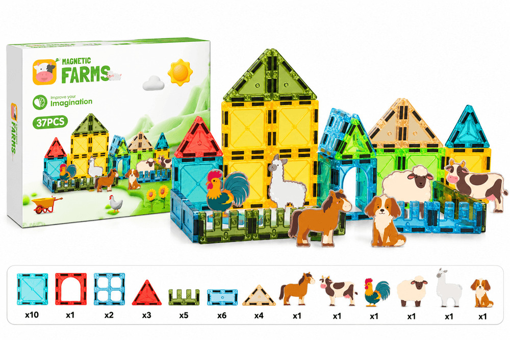 Set asamblare magnetic cu animale, 37 piese, Multicolor