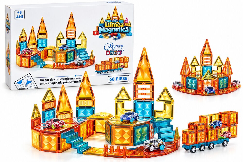 Set de constructie magnetic Lumea Magnetica, 68 piese, Multicolor