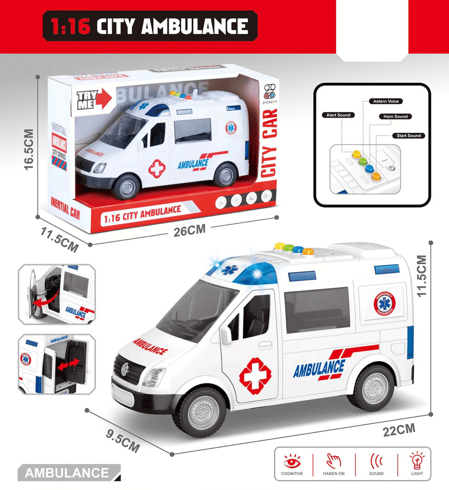 Ambulanta cu sunete si lumini, scara 1:16, Multicolor