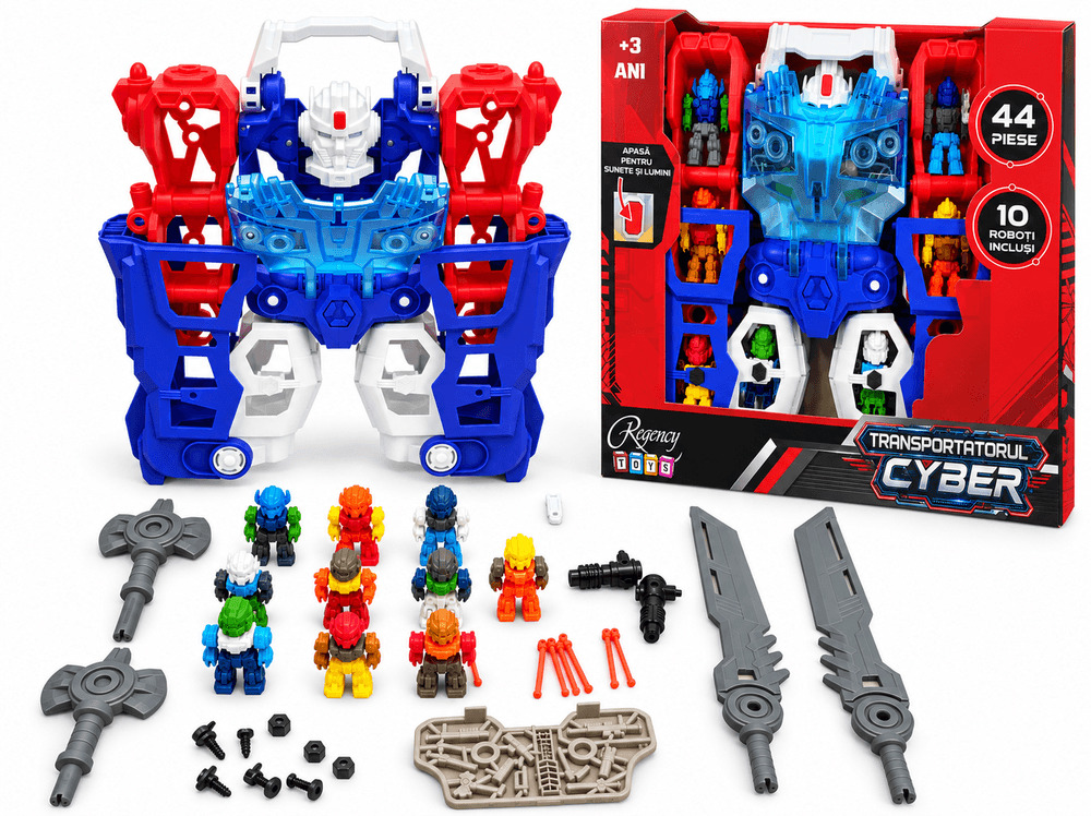 Robot transportator cu lumini, sunete si 10 mini roboti, 44 piese, Multicolor
